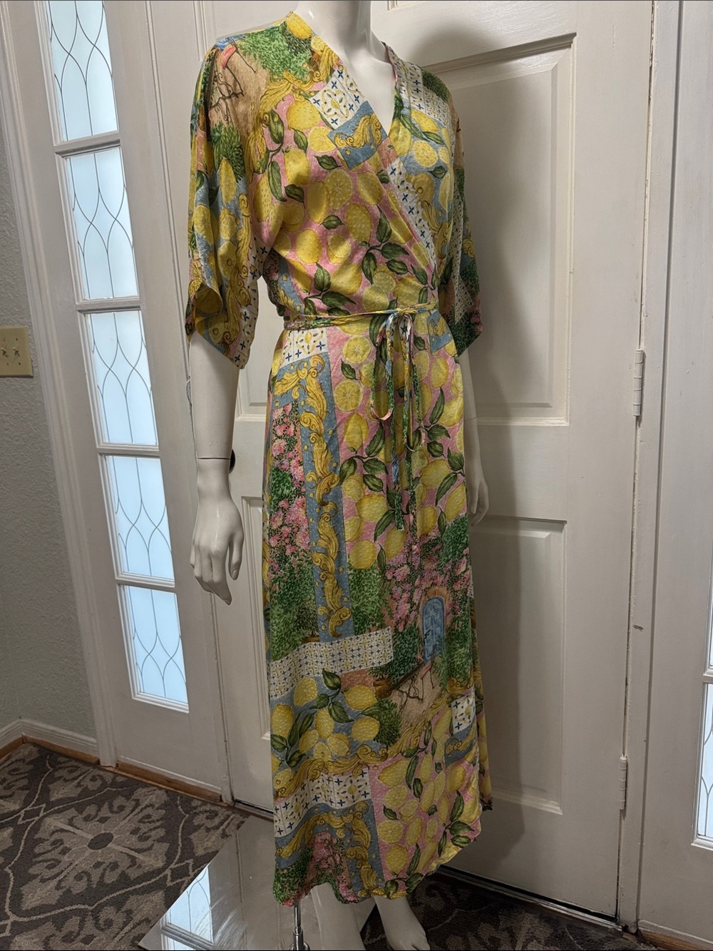 Aldo Martins Abstract Print Knit Tie Waist Midi Cardigan Dress Floral Lemons O/S - Picture 12 of 16